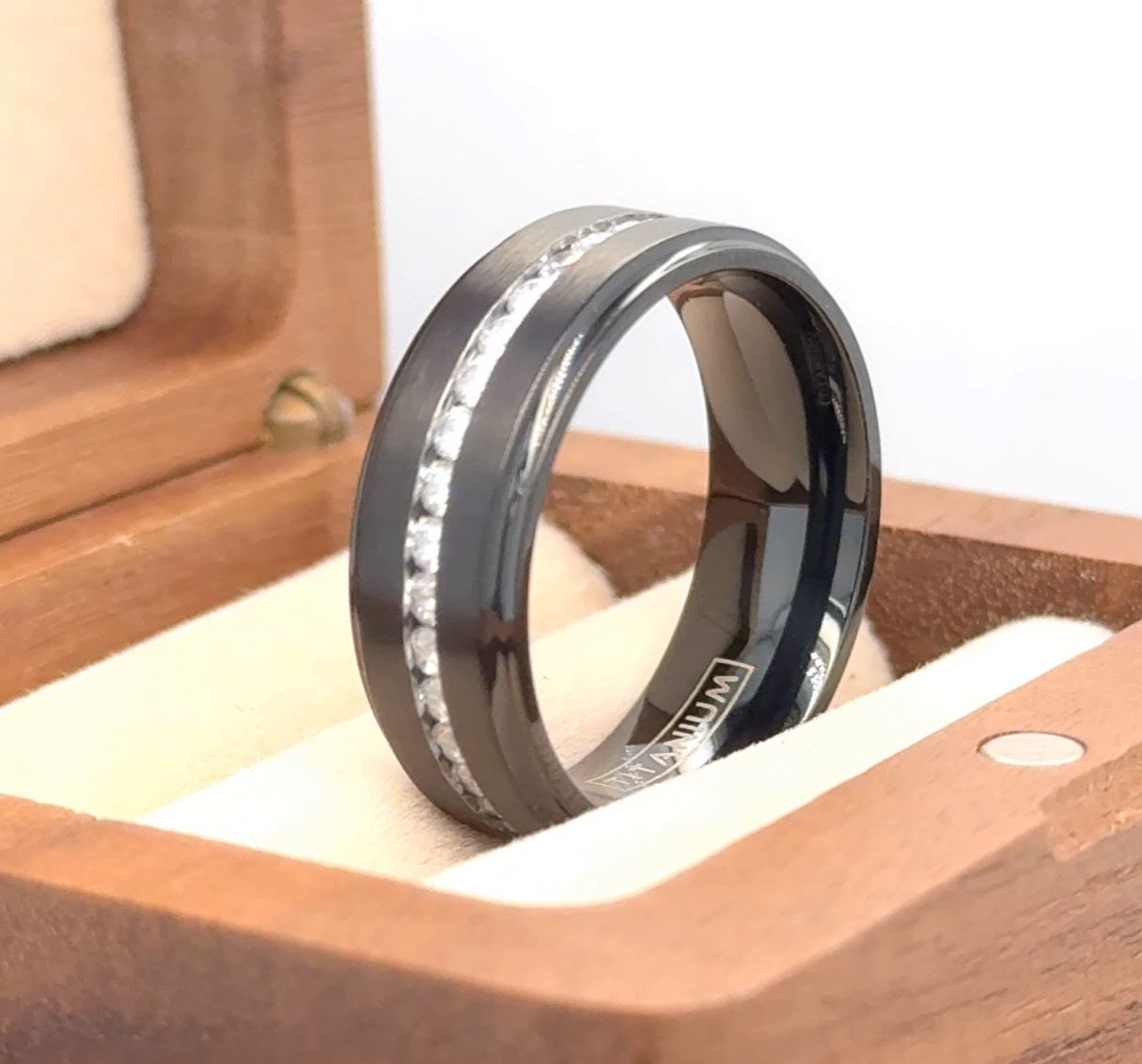 8mm Black Titanium Band CZ Inlay Polished Edge Ring Anniversary Gift Unisex Band