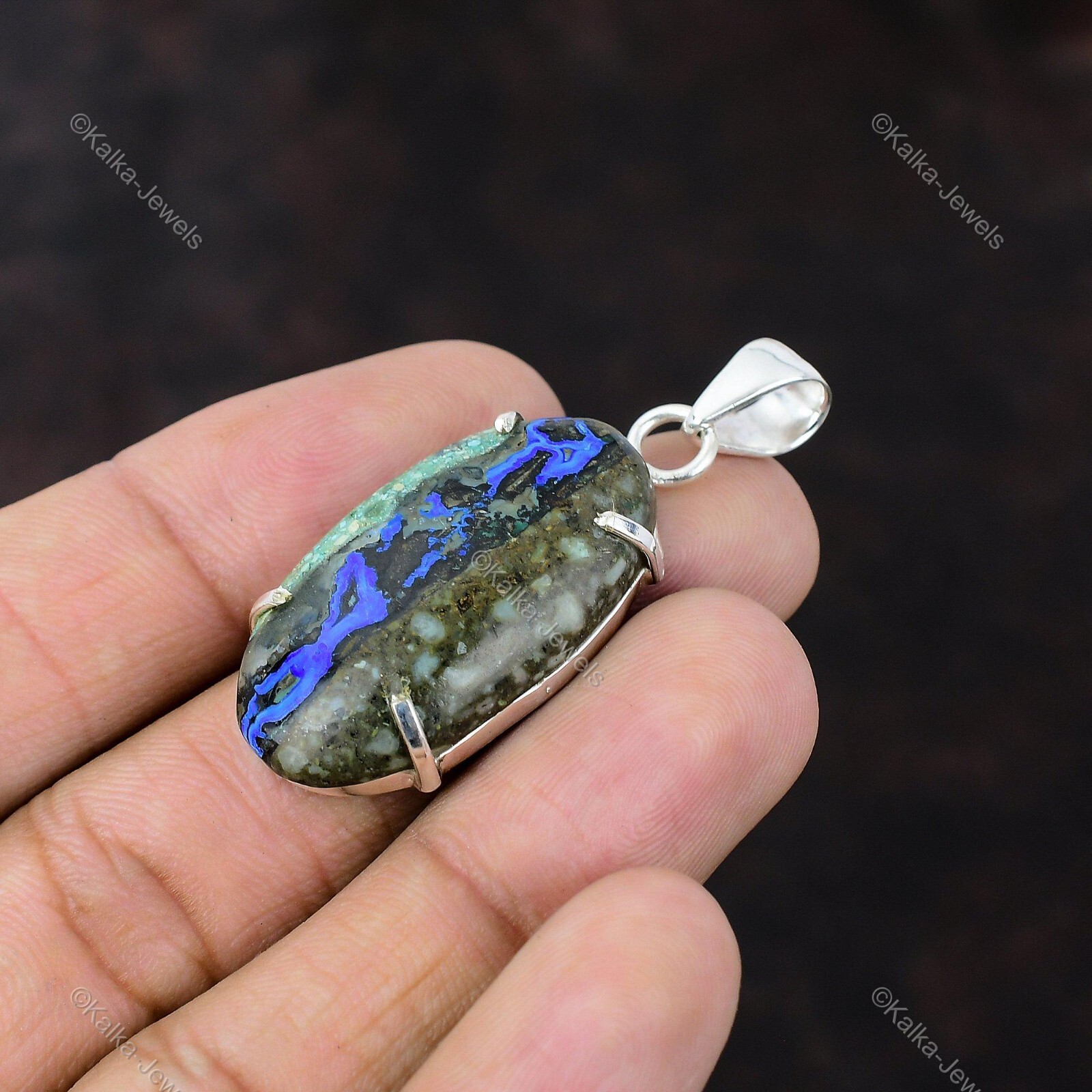Natural Azurite Malachite Gemstone Pendant Blue 925 Sterling Silver Jewelry