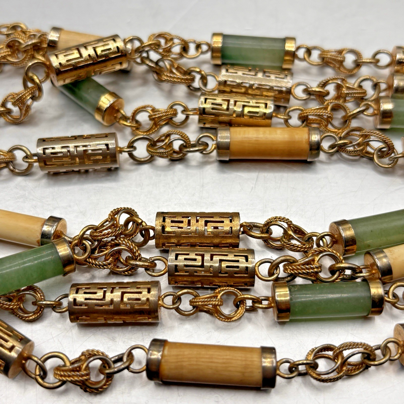 Pair Chinoiserie Style Gold Tone Jade Necklaces Ornate 29” Philippine