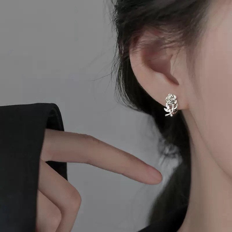 925 Silver Rose Flower Huggie Hoop Earrings Dainty 8mm Small Floral Hoops B71
