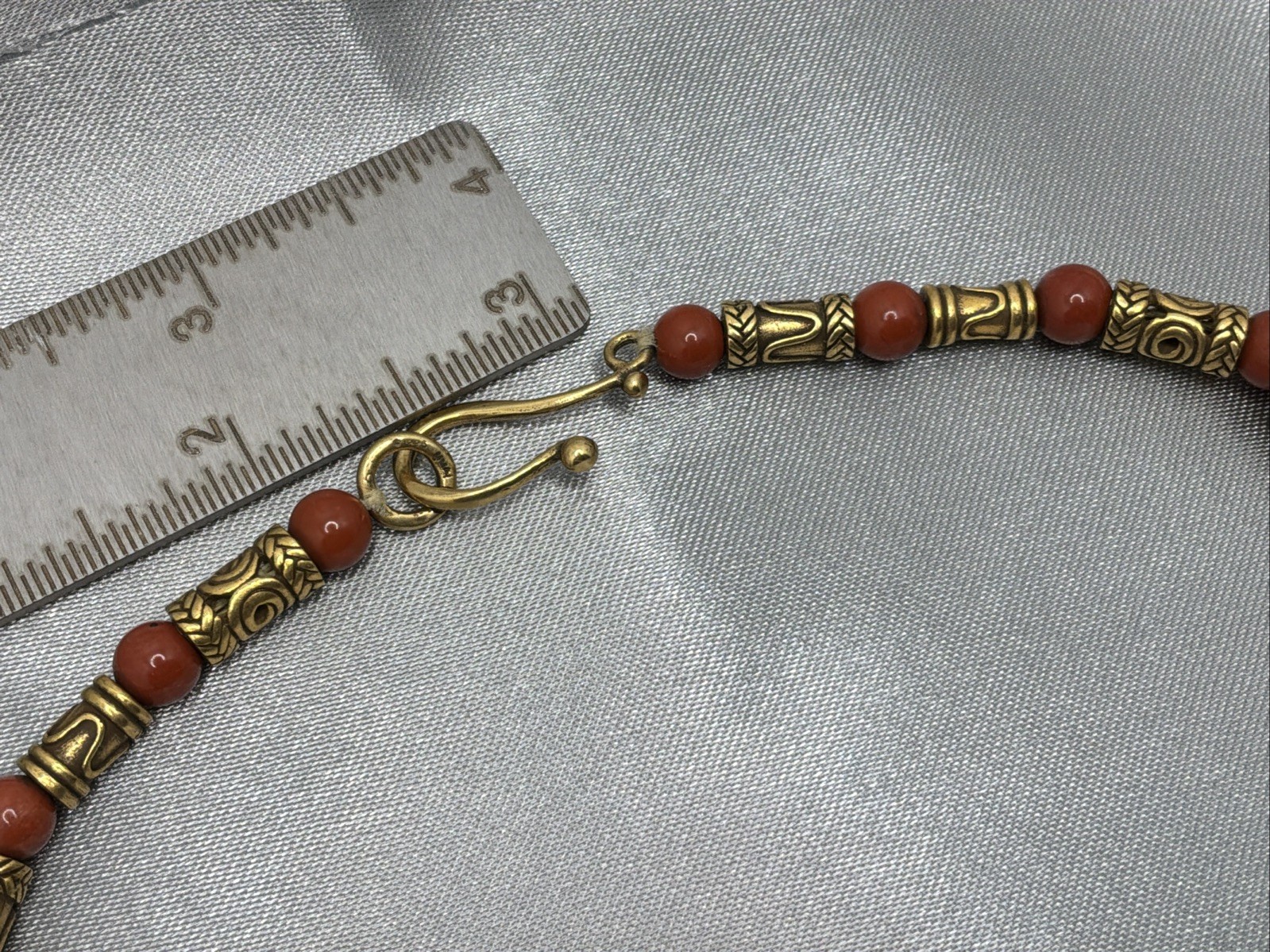 Etruscan Byzantine Beaded Necklace Gold Tone Rust Red Jasper Signed MMA