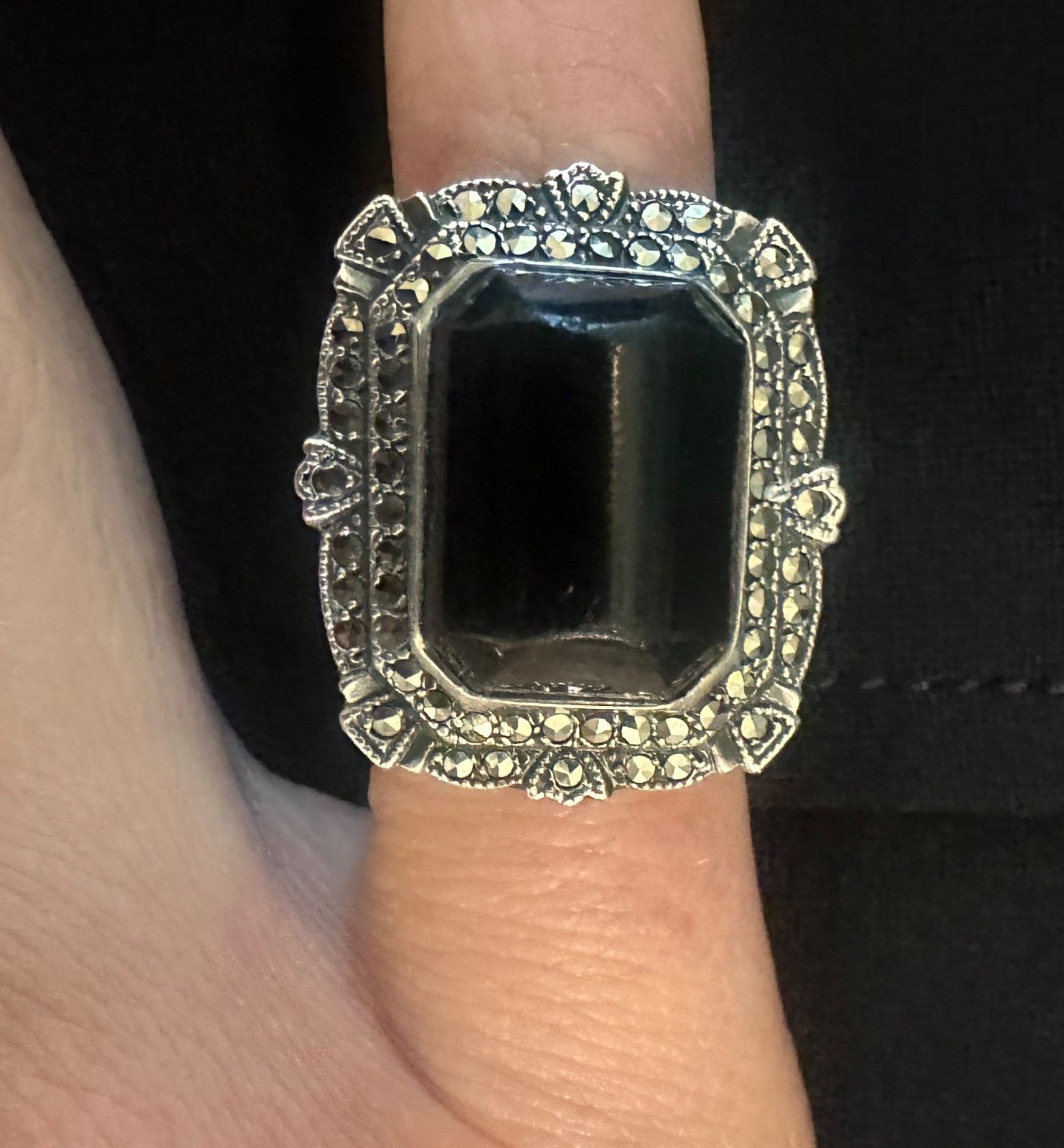 Vintage Sterling Silver Art Deco Hematite Marcasite Ring Black Stone size 5