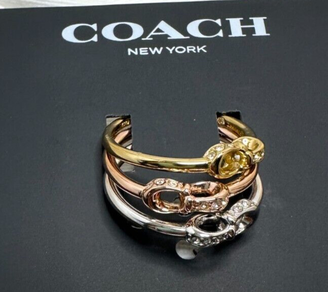 Coach Interlocking C Pavé Ring Set Size 7 Tri Tone Gold Silver Rose Gold