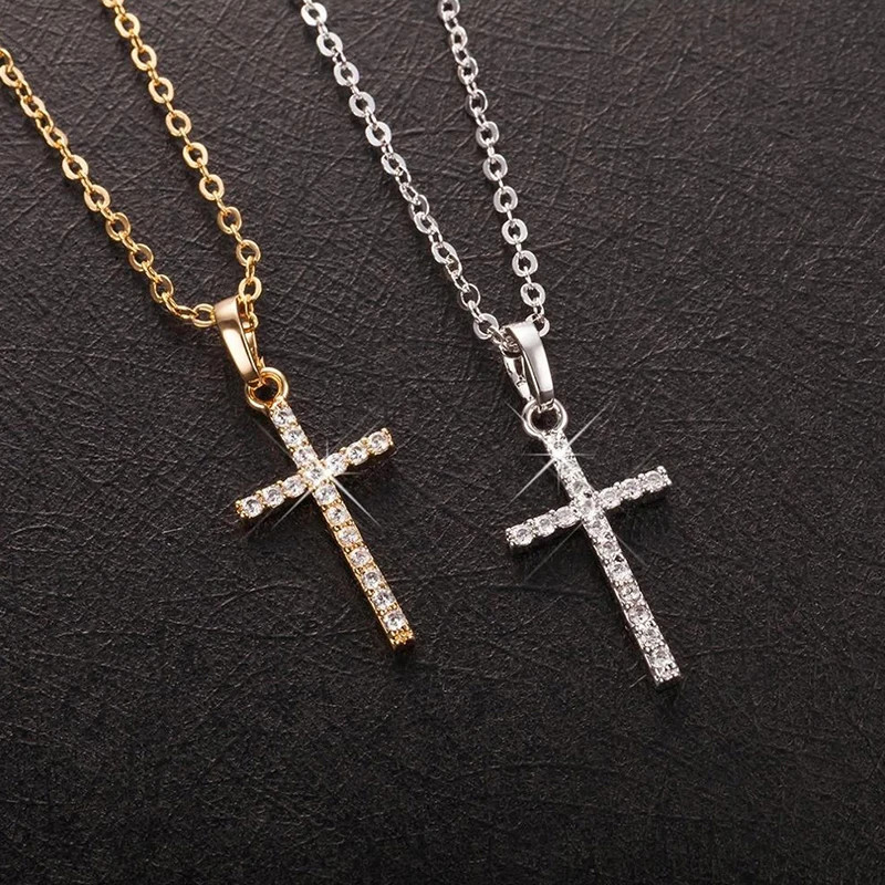 Punk Hip Hop Cross Pendant Clavicle Chain Crystal Jesus Cross Dangle Necklace Si