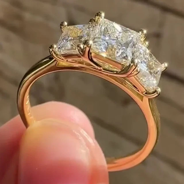 Three-Stone 2.0 CTW Moissanite Princess Cut Wedding Ring 14K Yellow Gold Plated