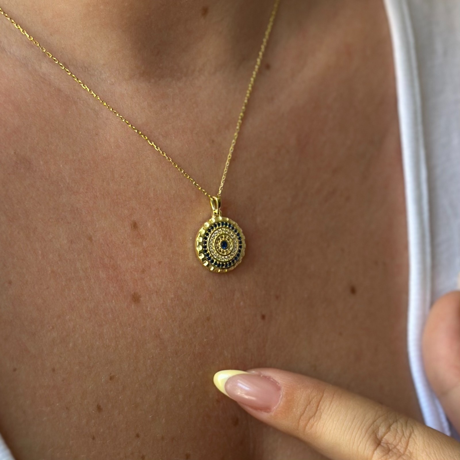 14k Gold Evil Eye Necklace Lab-Created Sapphire Diamond Pendant Protection Jewel