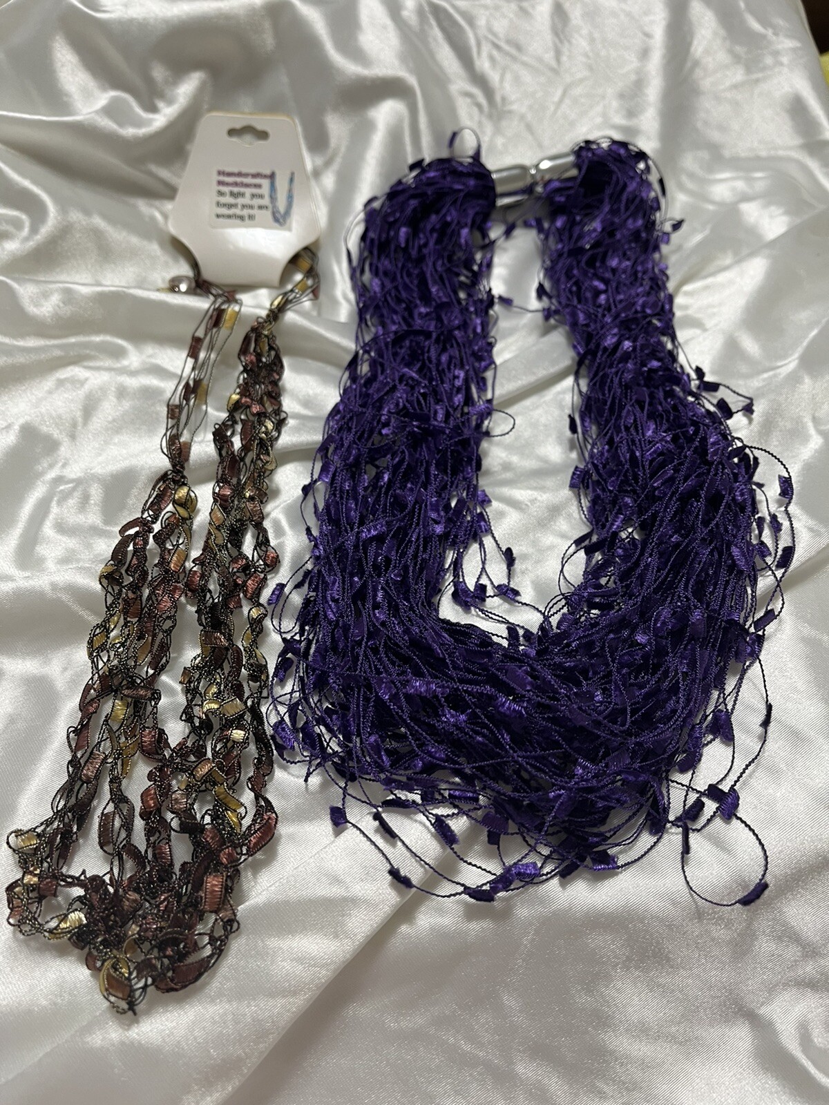handcrafted Crochet Trellis or Ladder Ribbon Yarn Necklace. Light Weight.