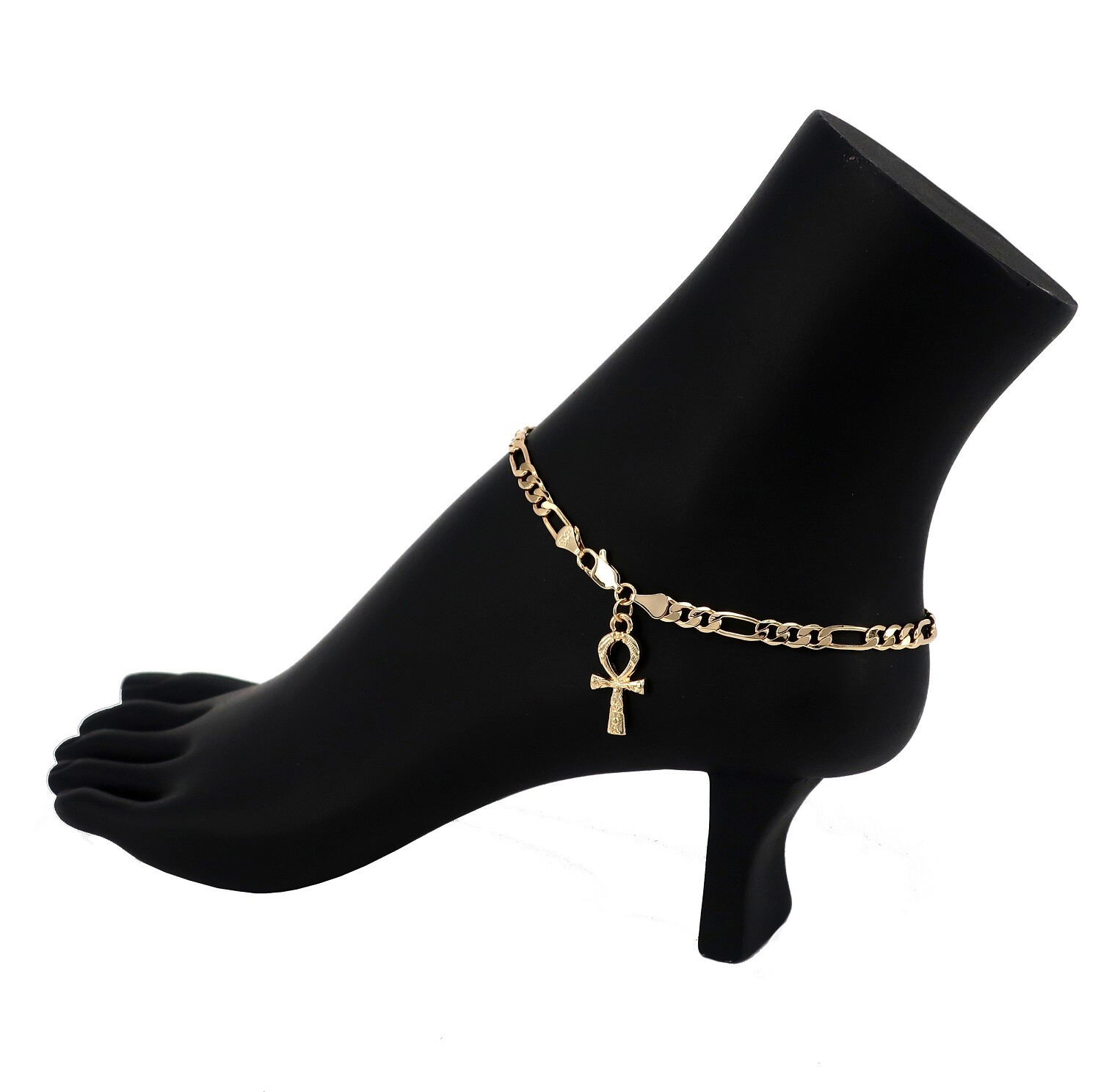 NEW 10″ Figaro Chain Anklet Bracelet Ankh Charm Ankle Bracelet 14k Gold Plated