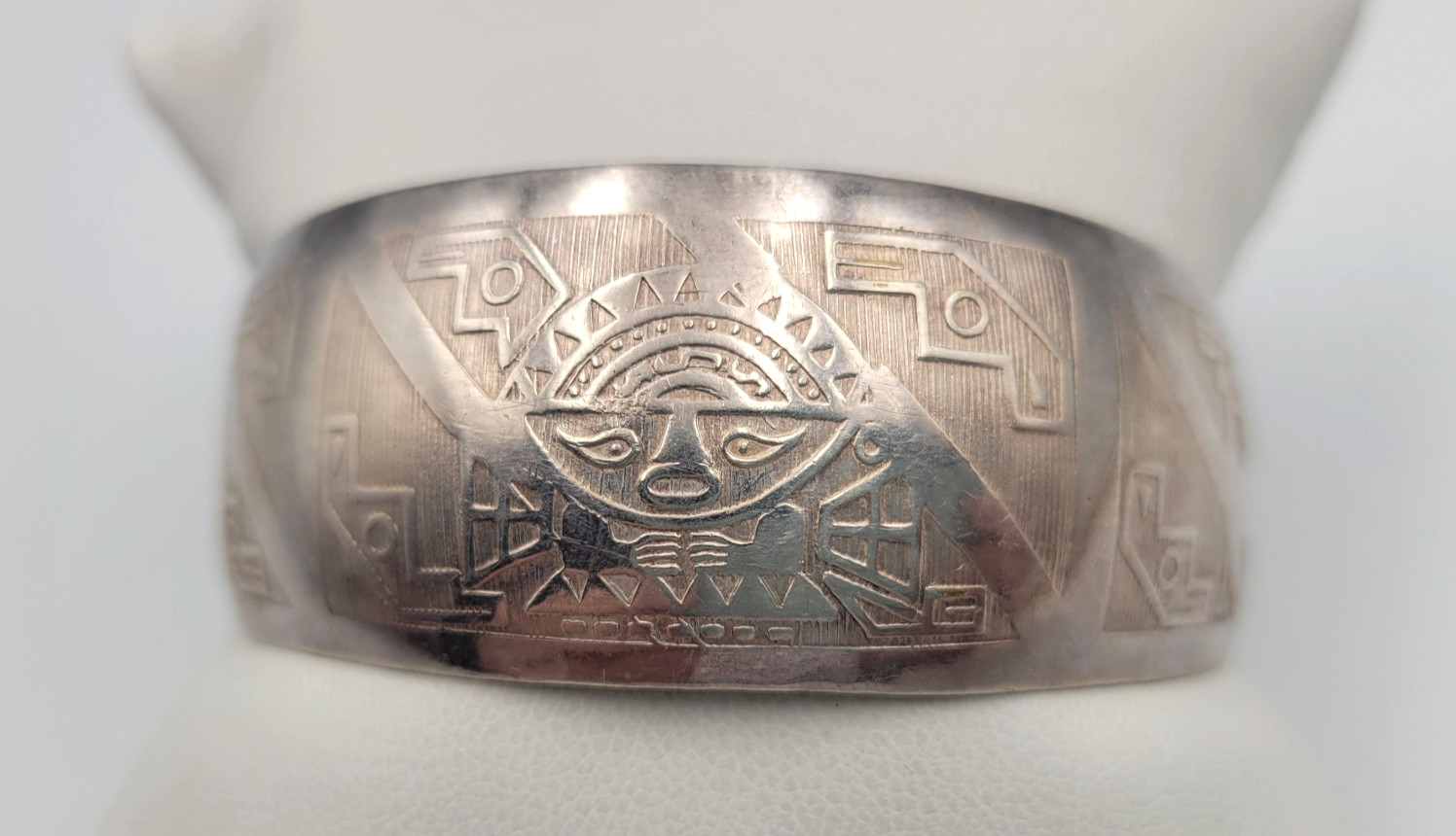 Vtg Peruvian Silver Plate Meso-American Figural Panel Cuff Bracelet MCM