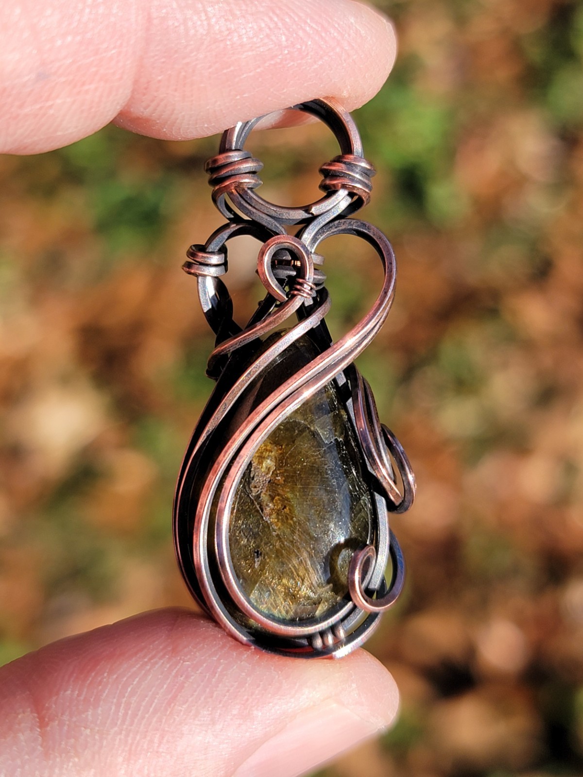Worn Wizard Labradorite Copper Wire Wrapped Tyet Necklace Pendant Jewelry