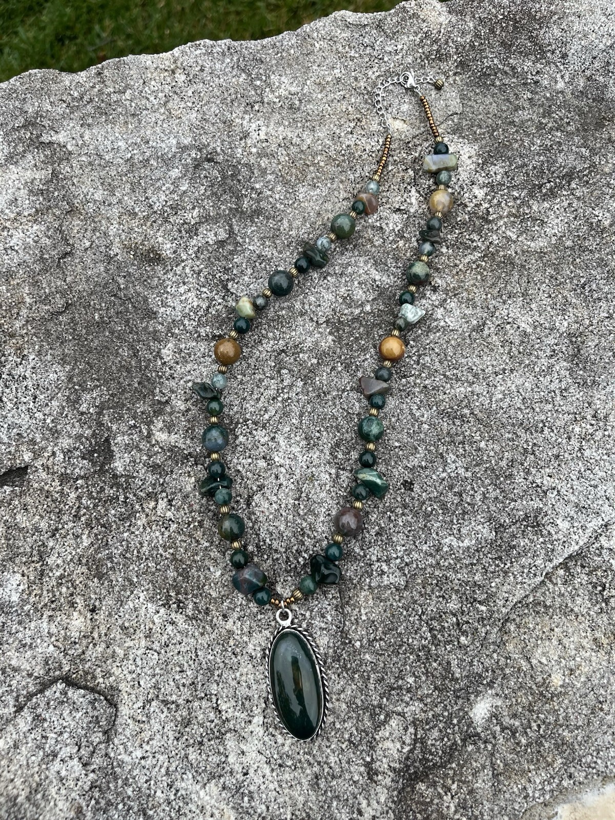 Genuine Agate Pendant Necklace 20” Fall Tones, Green Multicolor Antique Brass