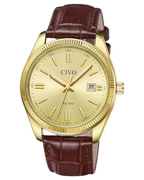 Analog Mens Watches Silver: Wrist Watches with Date Easy to Read Leather-Gold