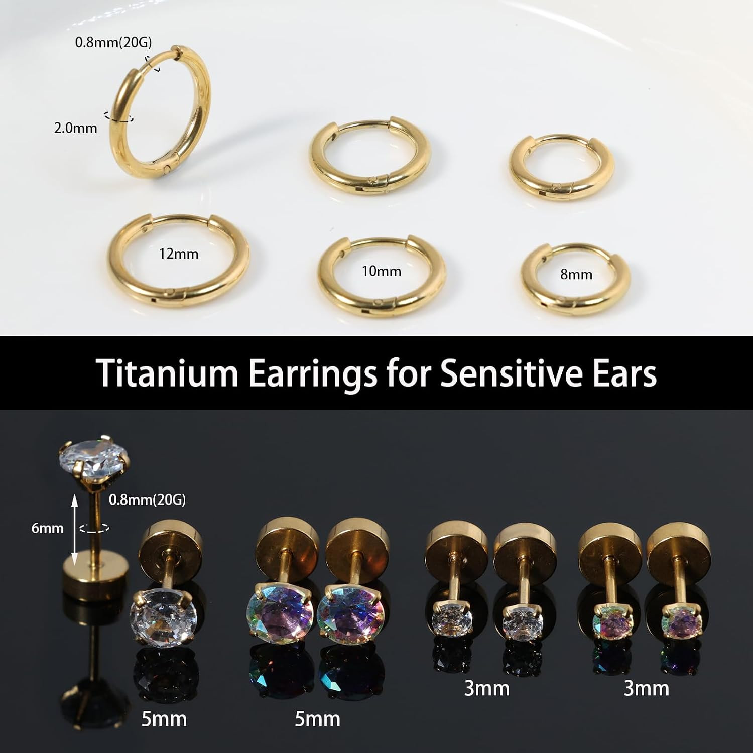 Titanium Earrings for Sensitive Ears – Flat Back Stud & Hoop Earrings Set, Hypoa