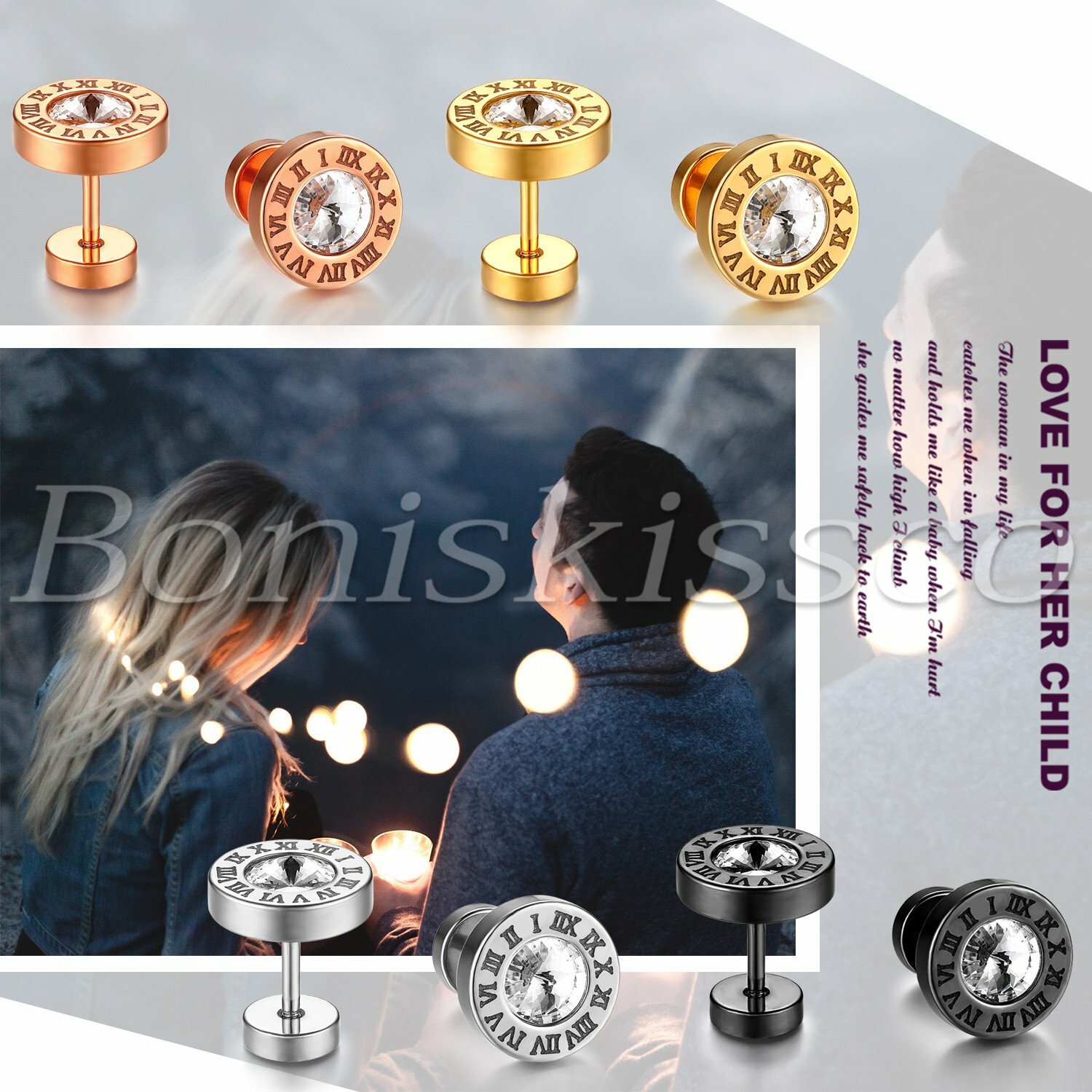 Stainless Steel Cubic Zirconia Roman Numerals Ear Studs Earrings Gift For Unisex