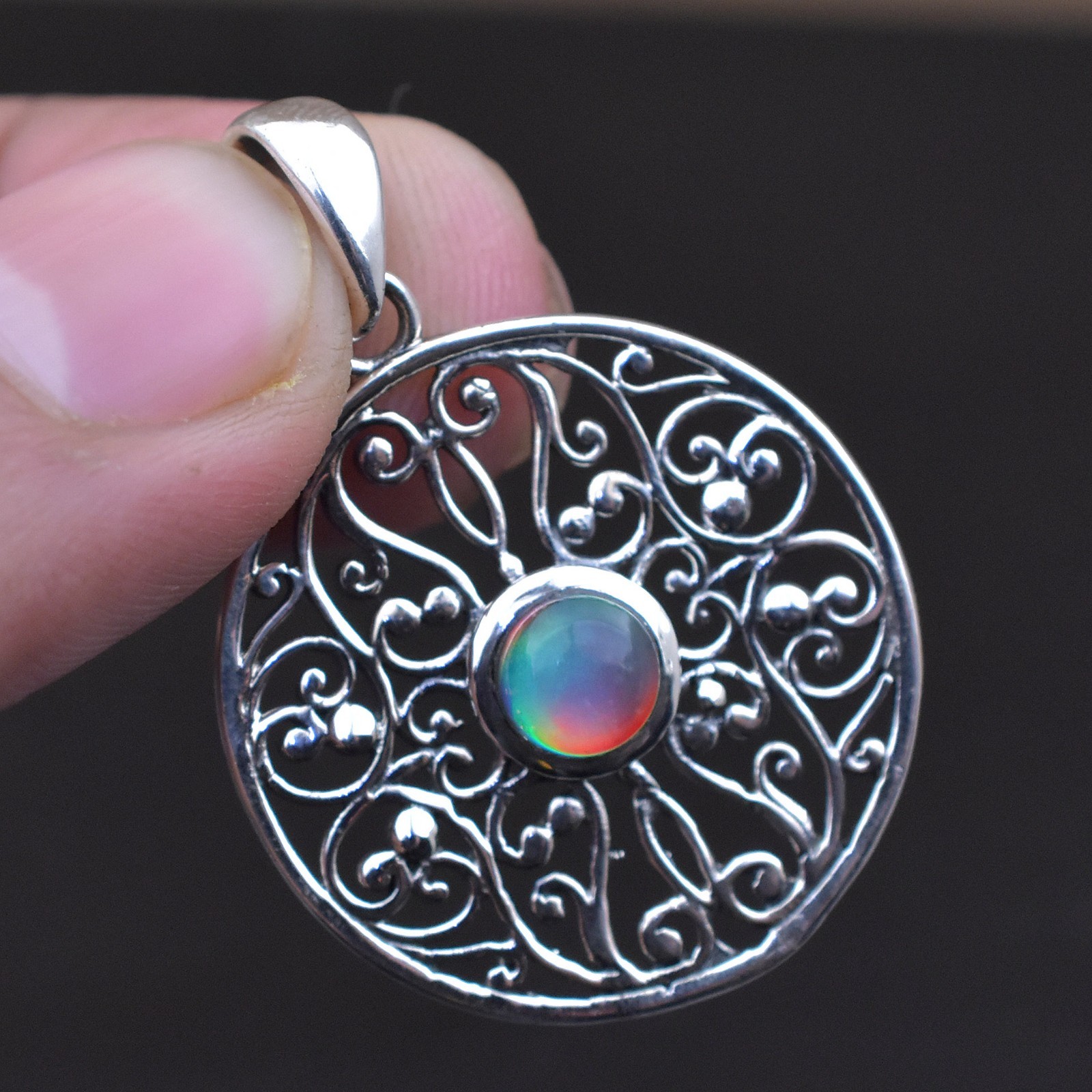 925 Sterling Silver Aurora opal Round Pendant, Handmade Boho Jewellery
