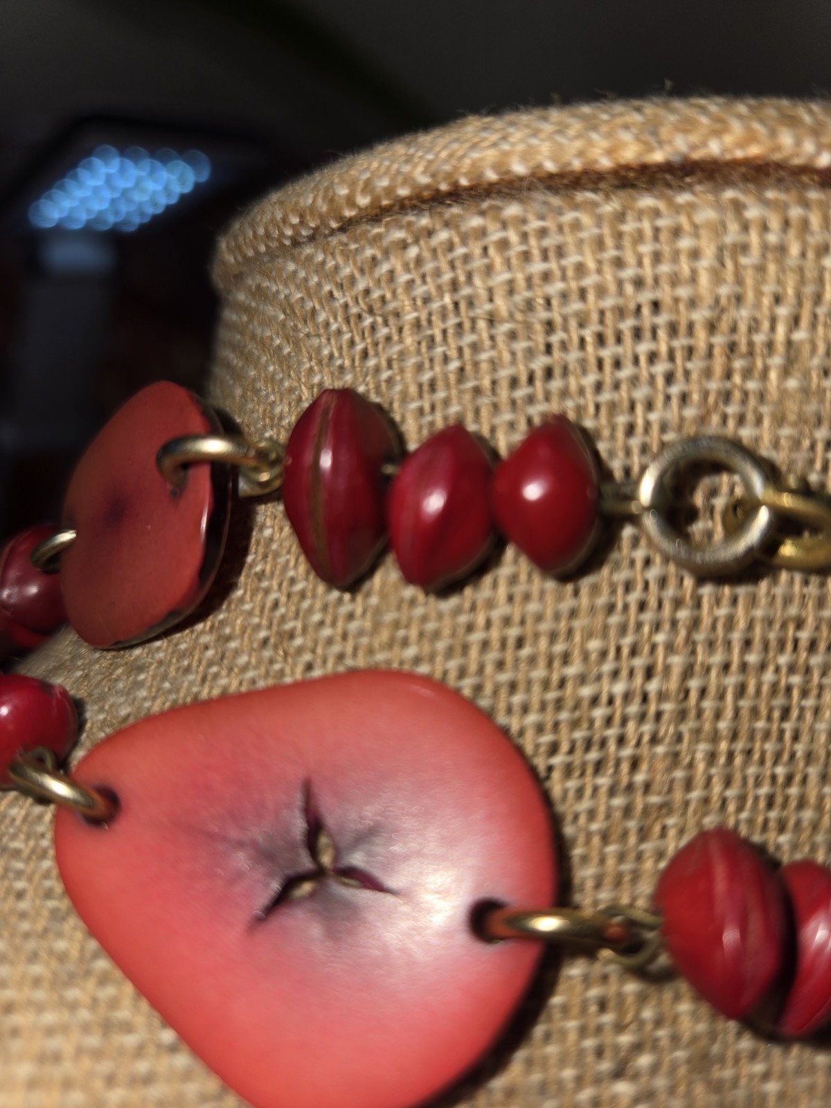 handcrafted artisan multi-strand necklace vibrant red Slices Tagua Nuts,seeds