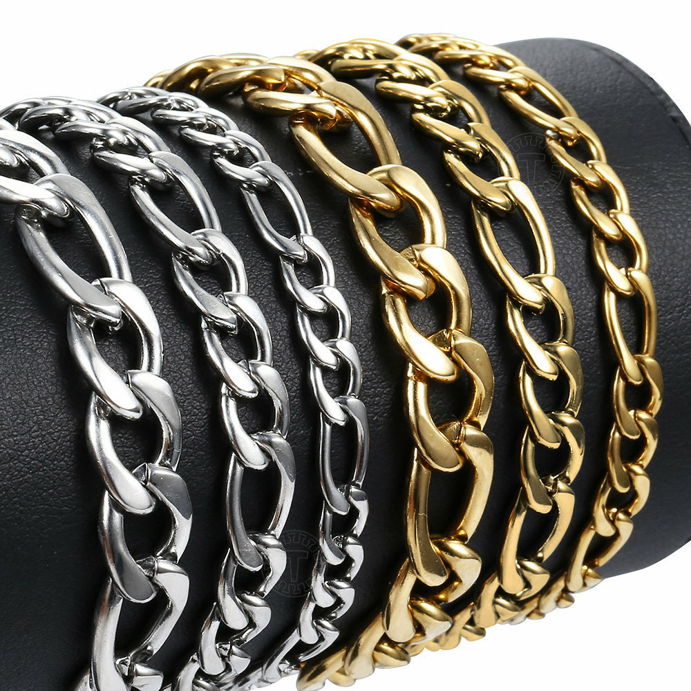 3/5/7/9mm Gold Plated Stainless Steel Figaro Link Chain Bracelet Men Women 7-10″