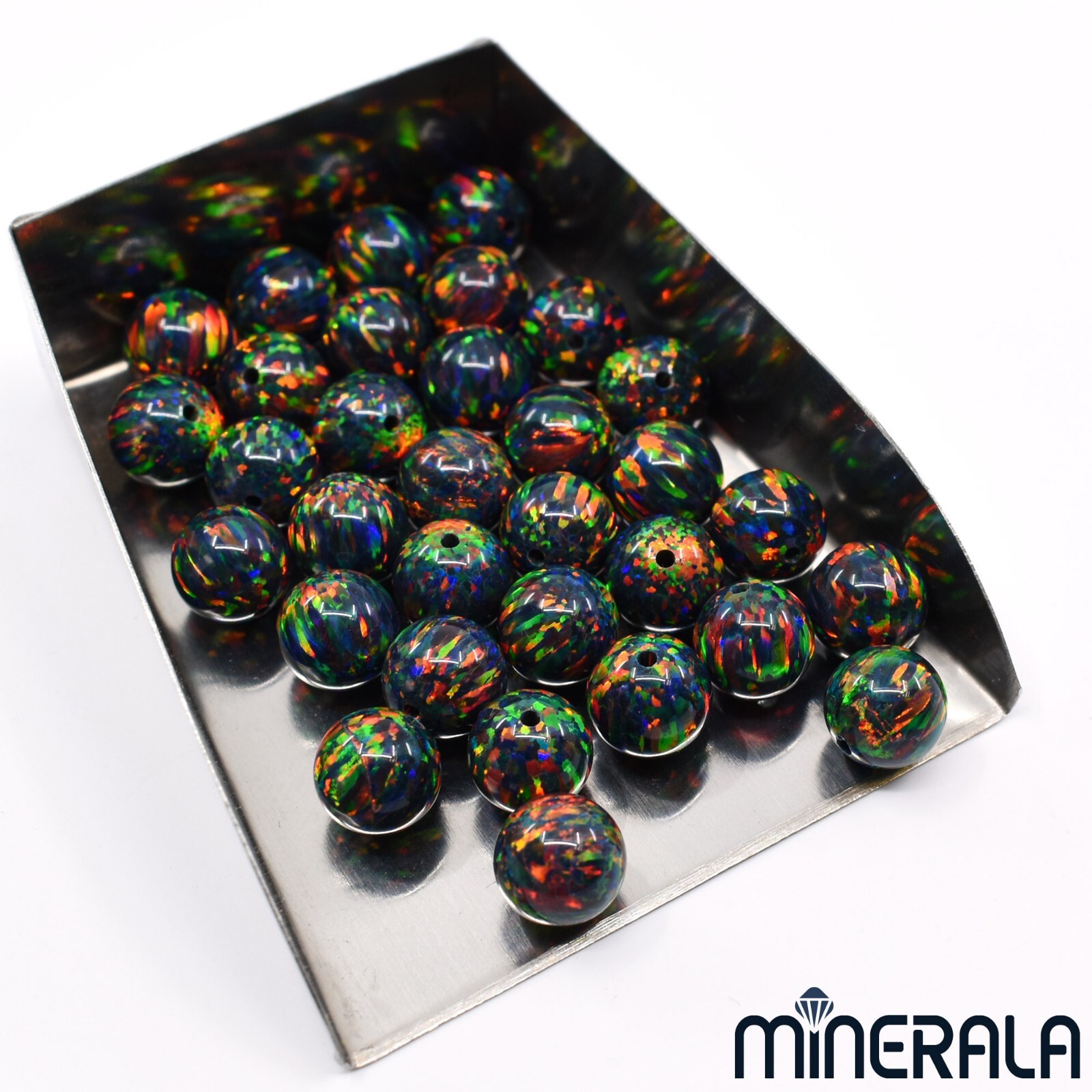 FIRE BLACK SYNTHETIC LAB CREATED OPAL FULL DRILL ROUND BEADS 3mm-10mm WP027B5
