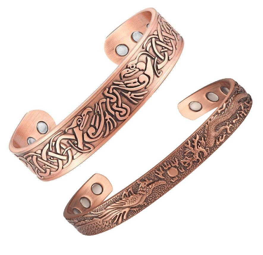 2 Pack Pure Copper Magnetic Bracelet Arthritis Pain Therapy Cuff Phoenix Bird