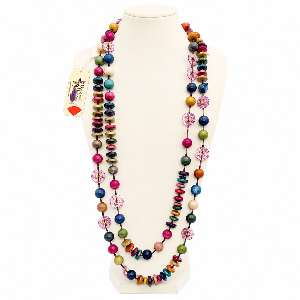 Tribal Boho 70″ Wood Bead Rope Necklace Botanical Harvest Philippines NWT