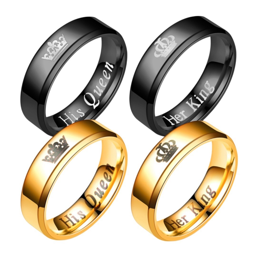 4PCS Golden Black Stainess Steel His Queen Her King Couple Rings Set 6mm Width