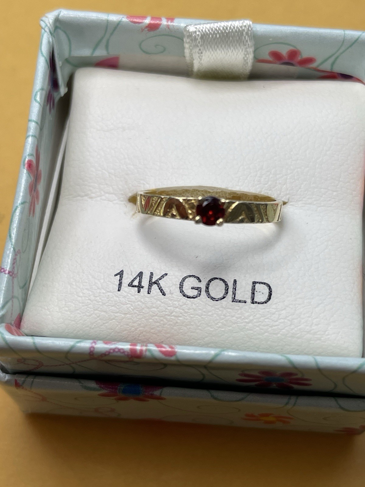 14K Gold Garnet Solitaire Ring Women’s Size 6 Engraved “BELLA 1-18-08” 0.5g