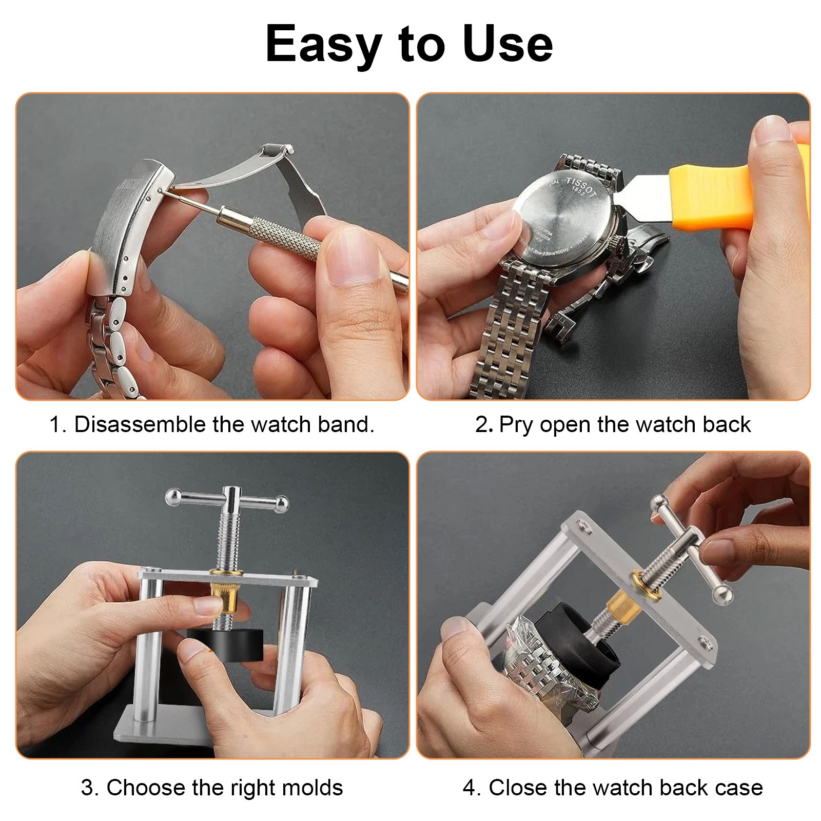 Watch Press Tool Set – Back Case Closer with 12 Molds Battery Replace DIY Repair