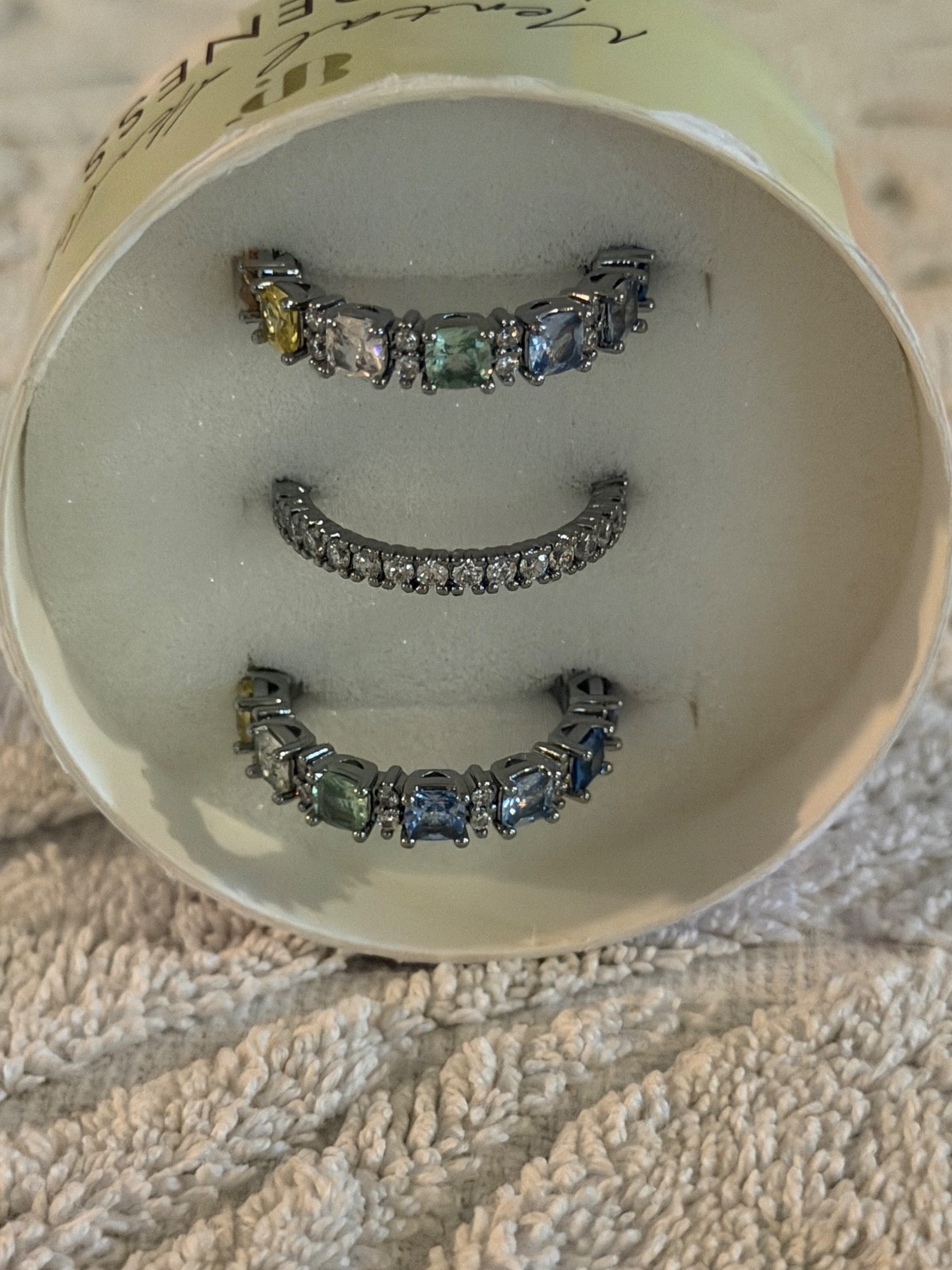 Bomb Party “Our Thoughts Don’t Define Us” Rainbow CZ Hematite Plated Rings SZ 9