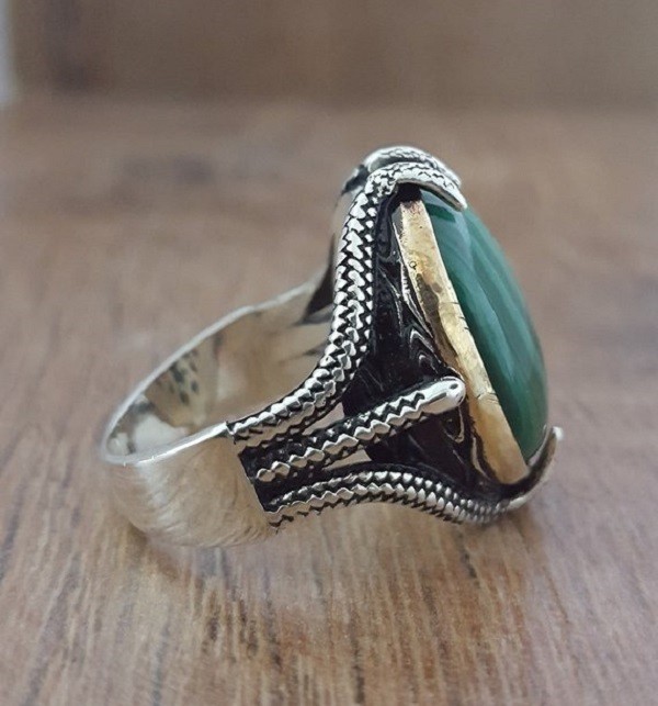 Solid 925 Sterling Silver Natural Green Malachite Gemstone Men’s Unisex Ring