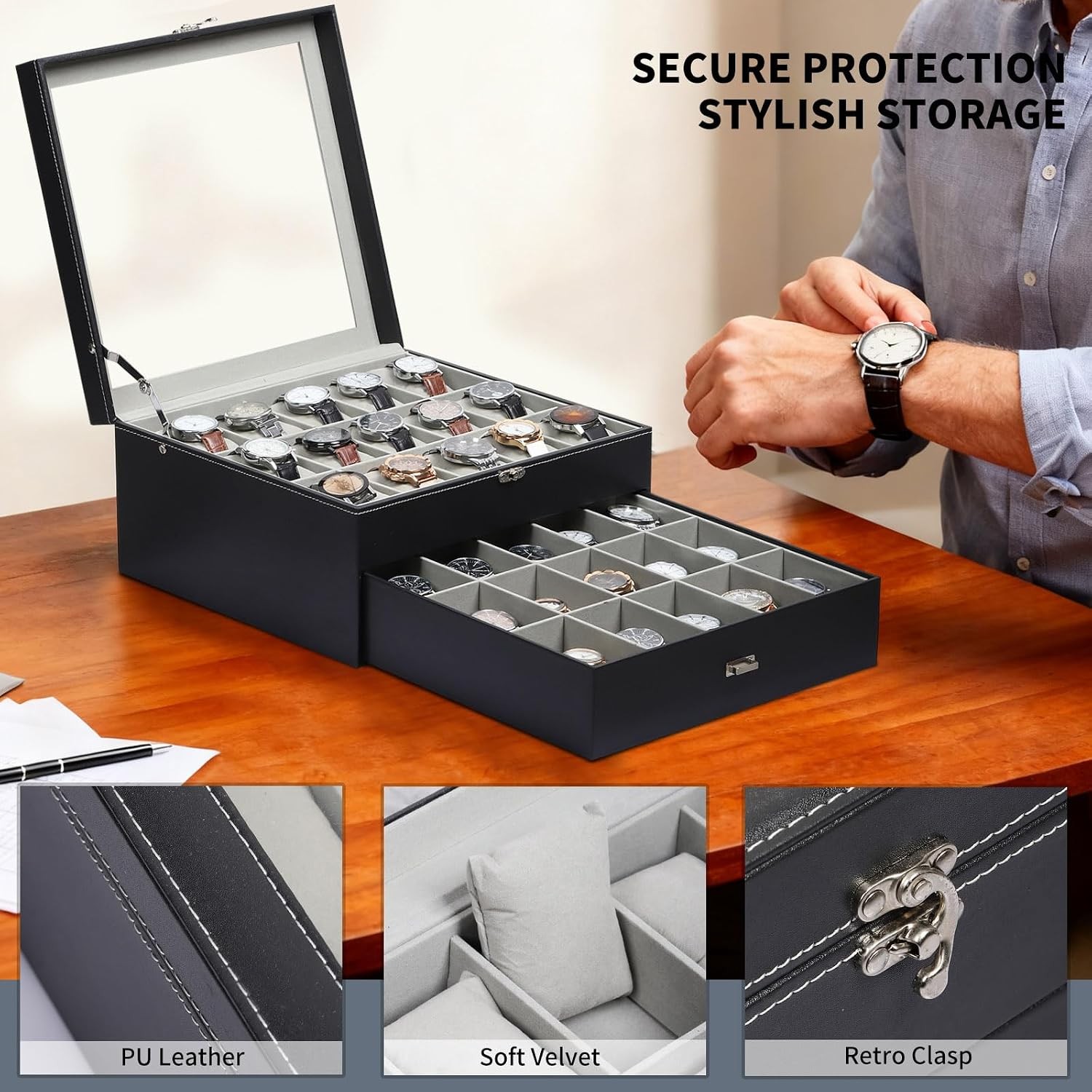 Watch Box Organizer with Glass Top & Lockable Drawer,2 Layers Holds 30 Watches