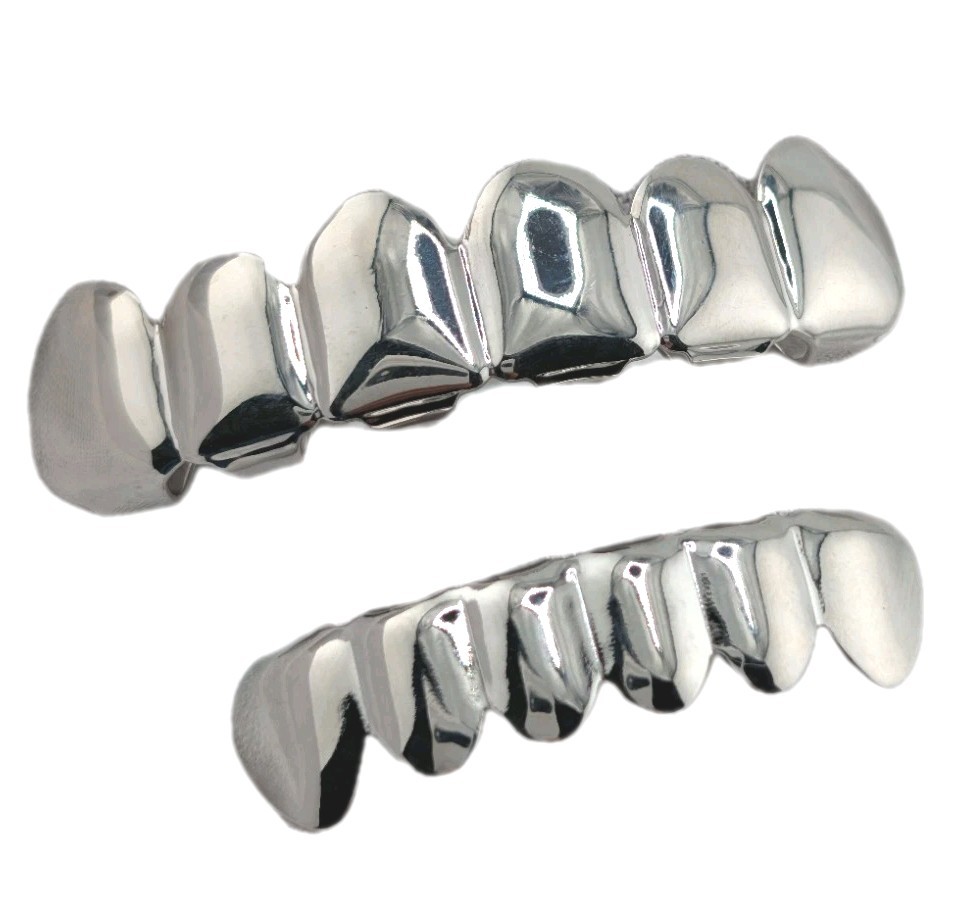 Gold or Silver Plated Grillz Top & Bottom Set 6 Teeth Hip Hop w/ Molding Bar