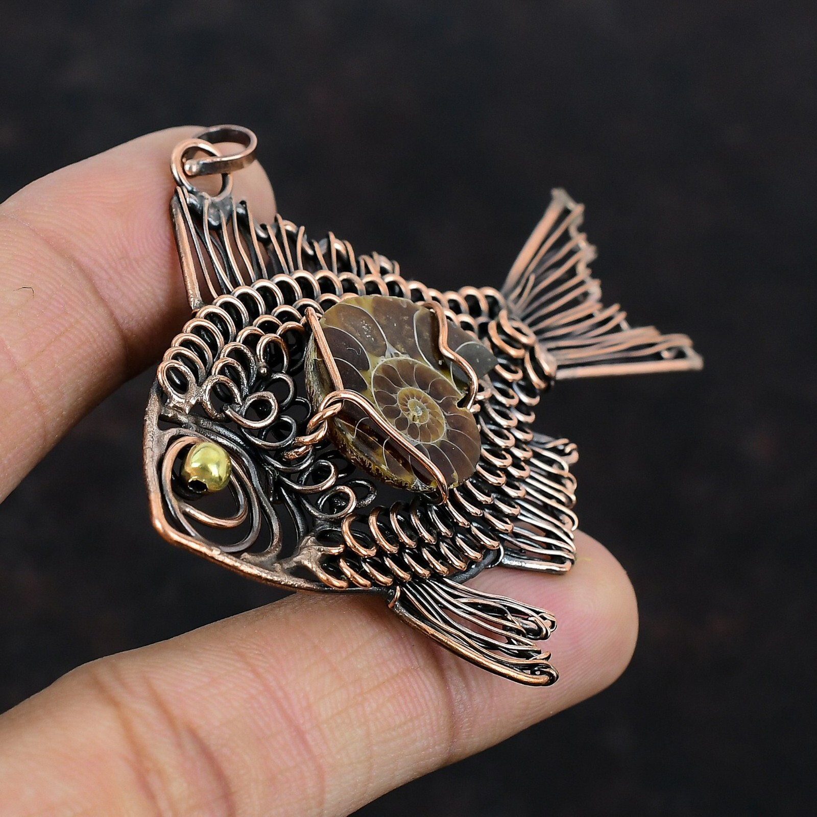 Gift For Her Ammonite Fossil Wire Wrapped Fish Pendant Copper Jewelry 2.56″