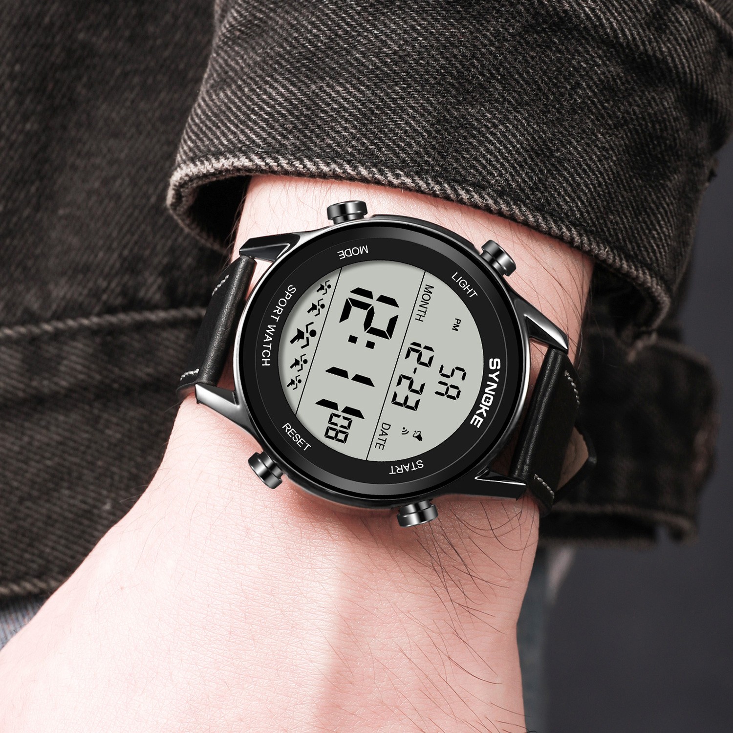 Mens Digital Sport Watch Leather Strap Electrical Wristwatch 50M Waterproof Gift