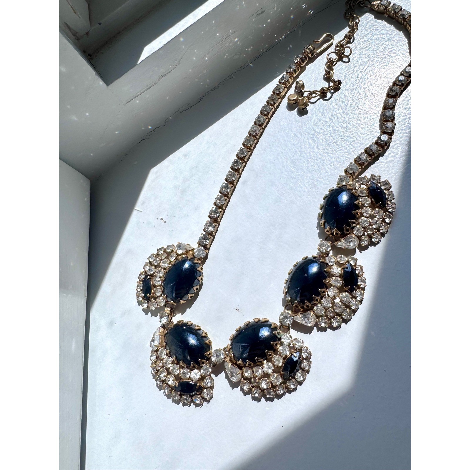 Vintage 1960s Gray Cabochon Rhinestone Statement Necklace Gold Tone 40g
