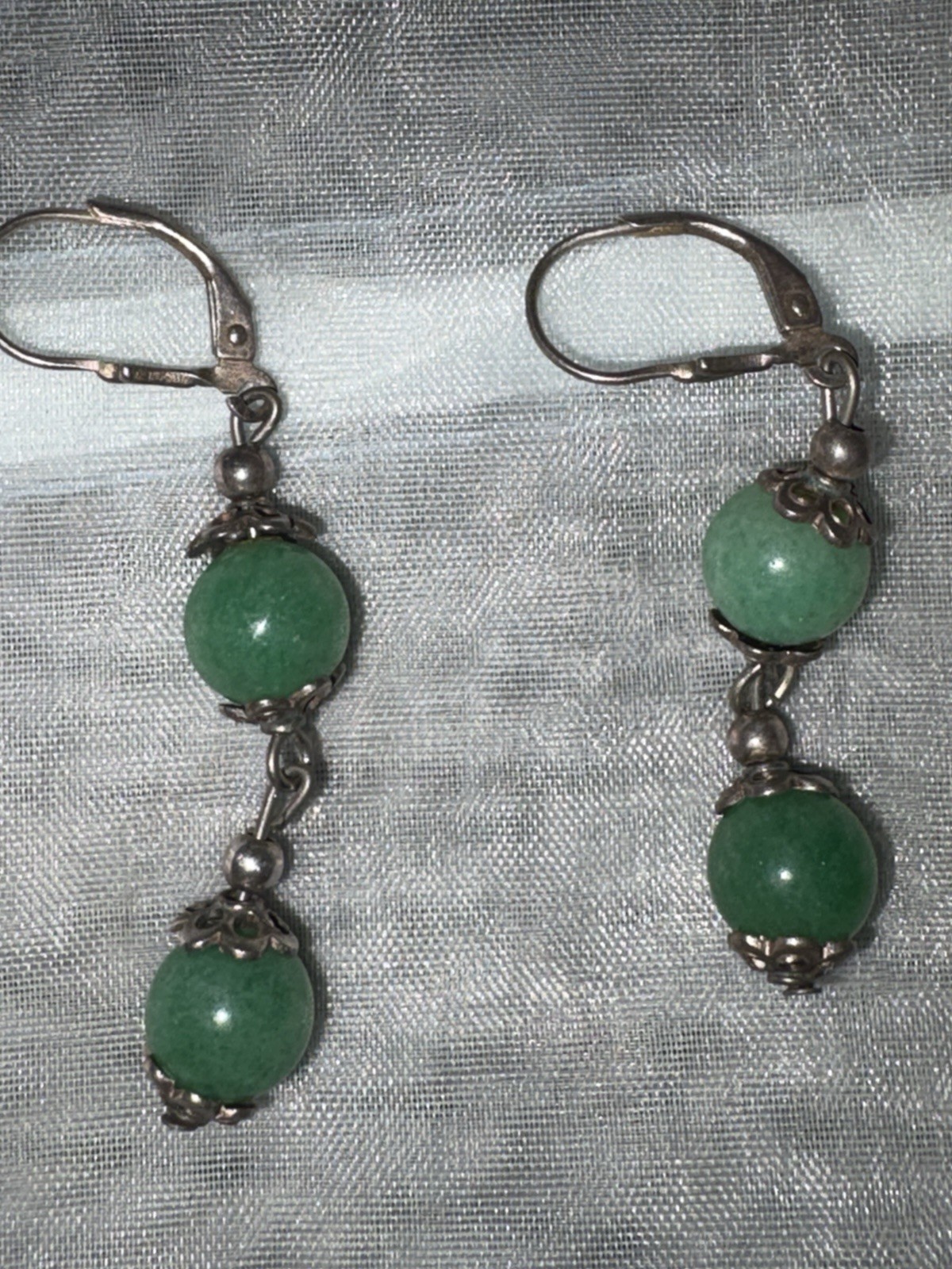 Sterling Silver Green Round Jade Stones Dangle/Drop Leverback Earrings