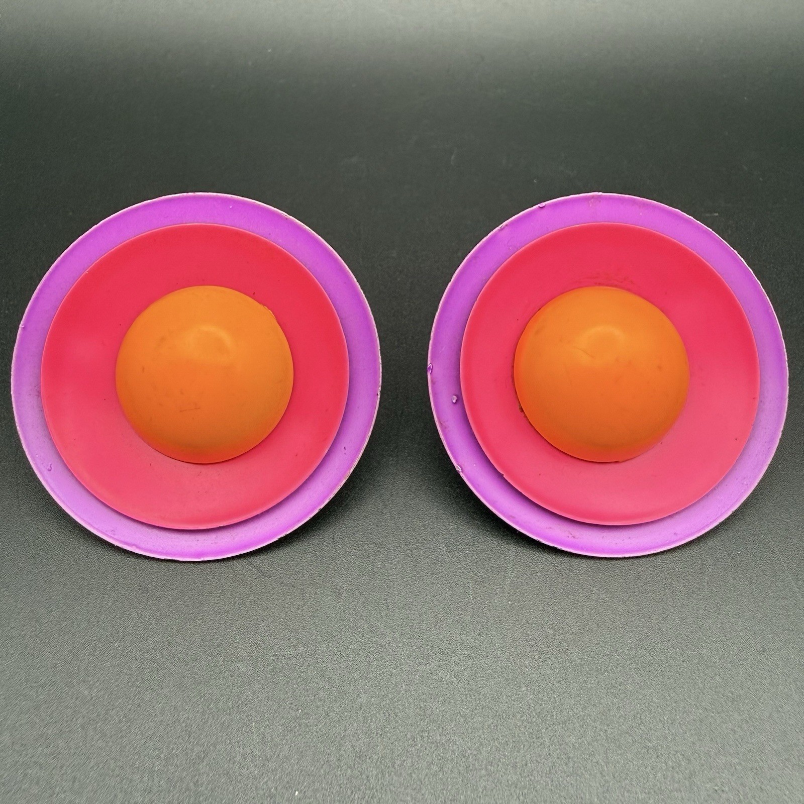 Vintage 80s Neon Color Block Disc Clip On Earrings Purple Pink Orange Statement