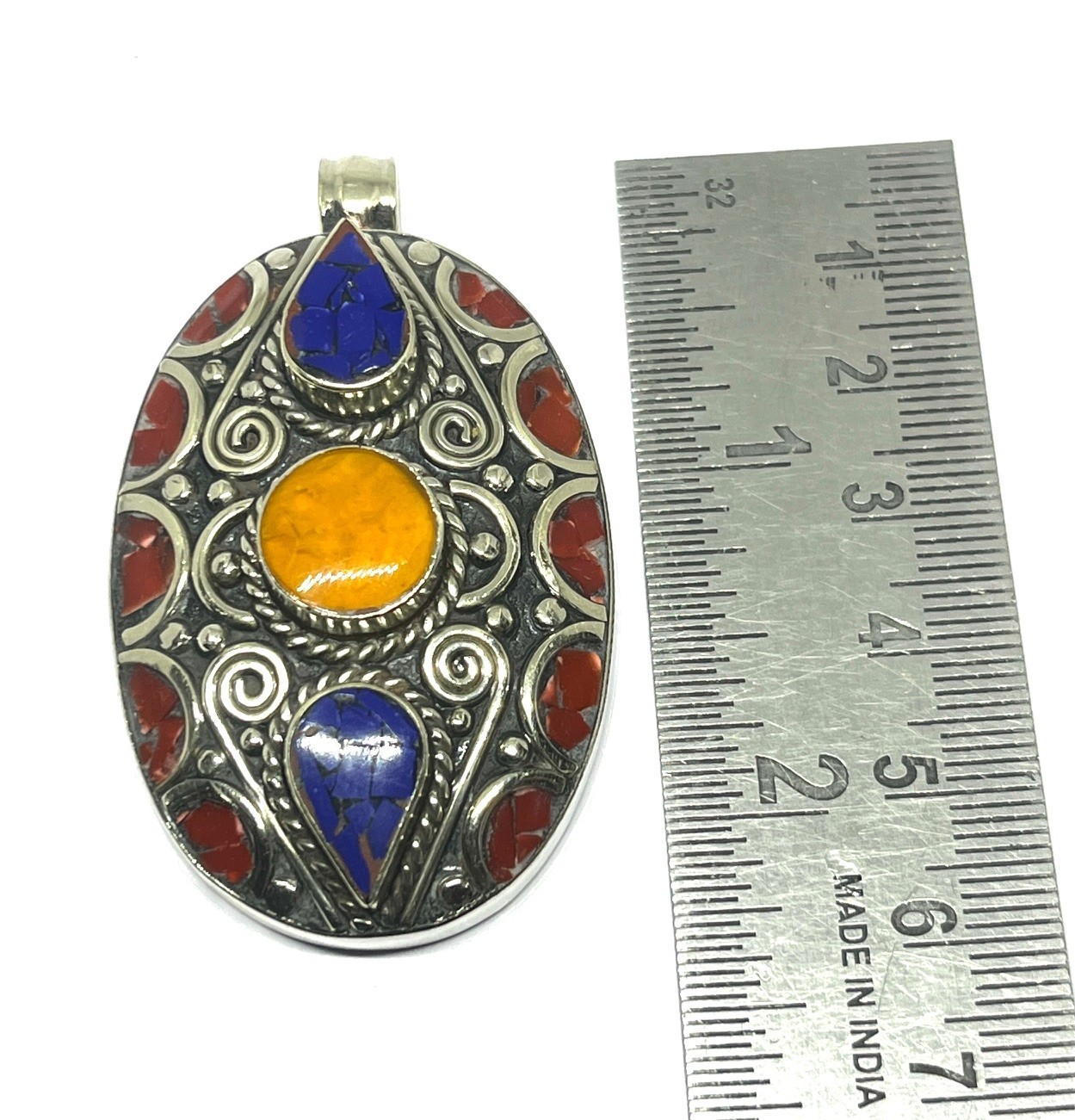 Tibetan Coral Lapis Amber Gemstone Buddhist Statement Pendant Jewelry, 2.2 inch