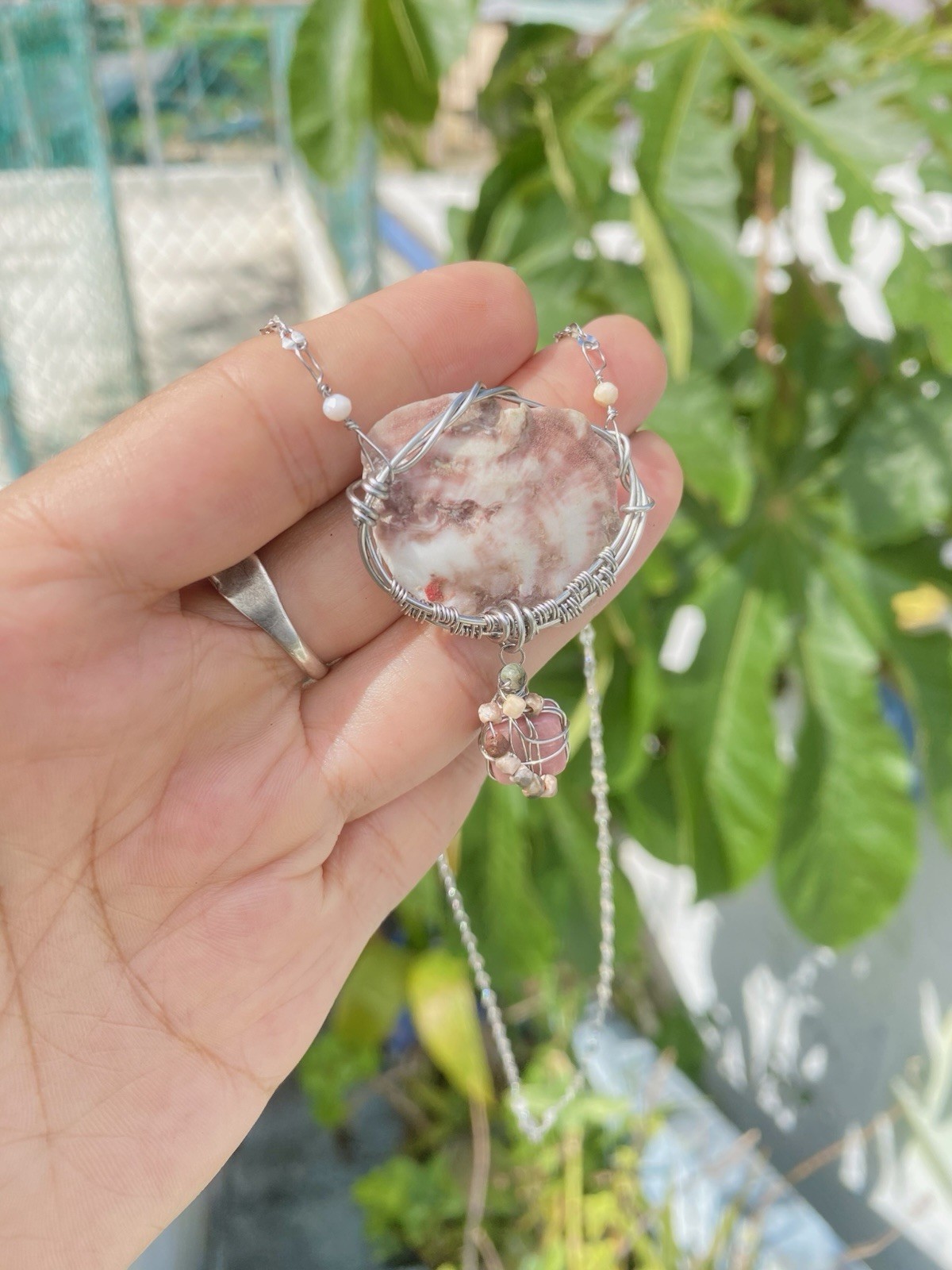 Handmade Aguadilla Seashell Necklace – Unakite & Jasper – Wire Wrapped Steel