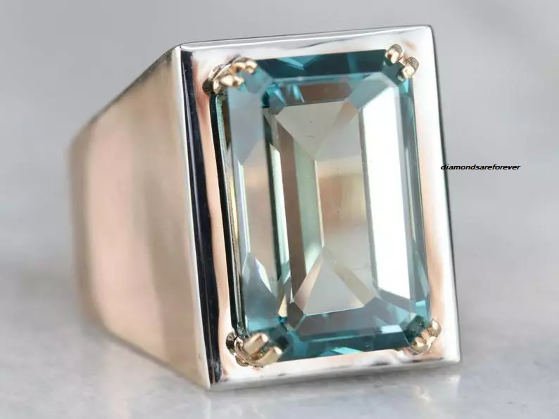 28.41 Carat Transaparent Emeralds Shape Aquamarine Solitaire 925 Silver Men Ring