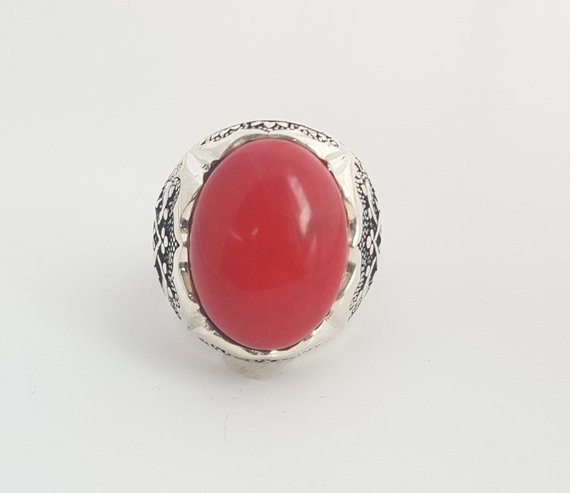 Solid 925 Sterling Silver AA Italian Red Coral Gemstone Signet Men’s Unisex Ring