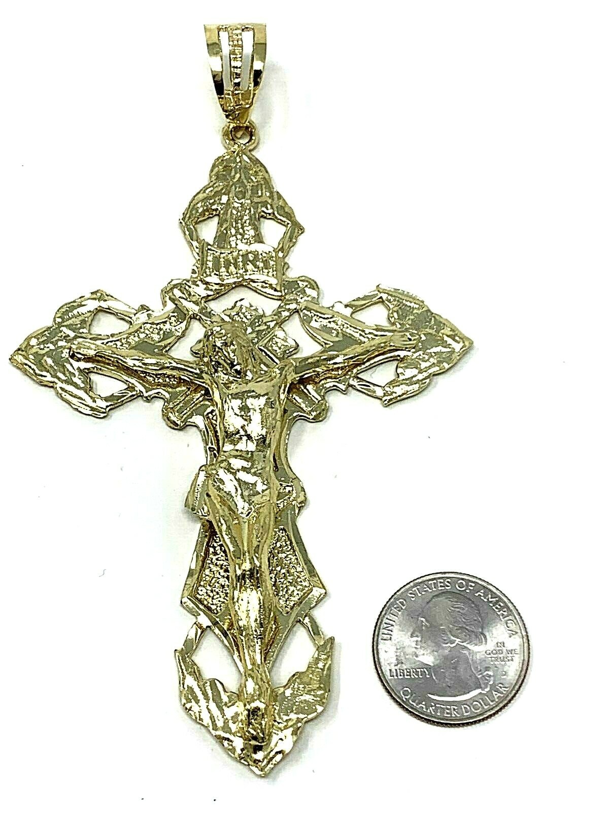 10k Yellow Gold Religious INRI Jesus Christ 3D Big Cross Pendant 5.25″- 45 grams