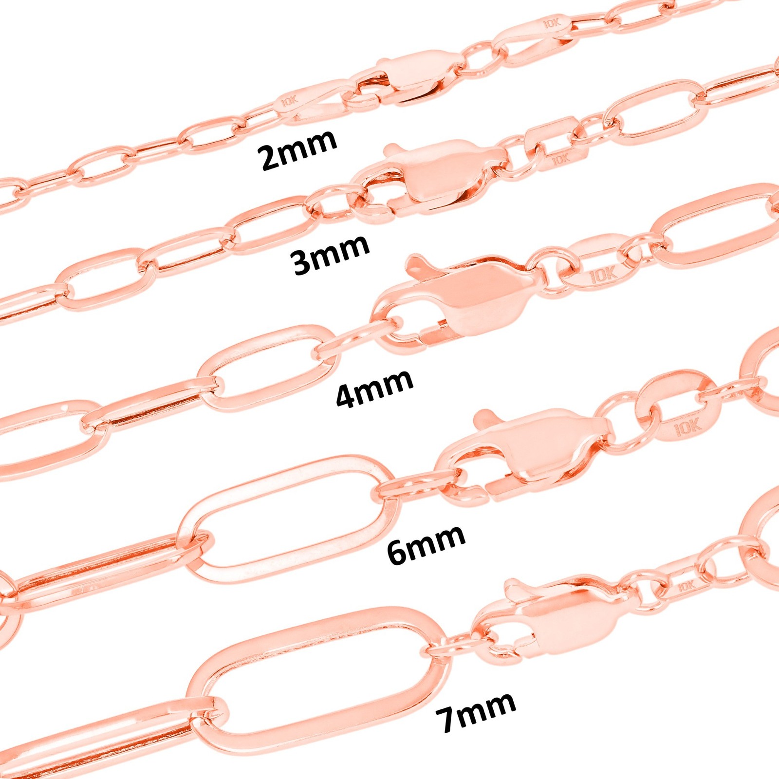 10k Rose Gold Paperclip 2mm-7mm Chain Oval Cable Necklace Mens Womens 16″-24″