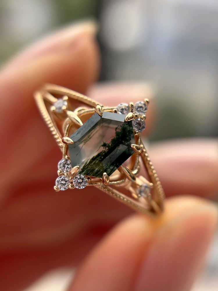 vtg Hexagon Kite Natural Moss Agate 925 Sterling Silver, Rose Gold Plated ring