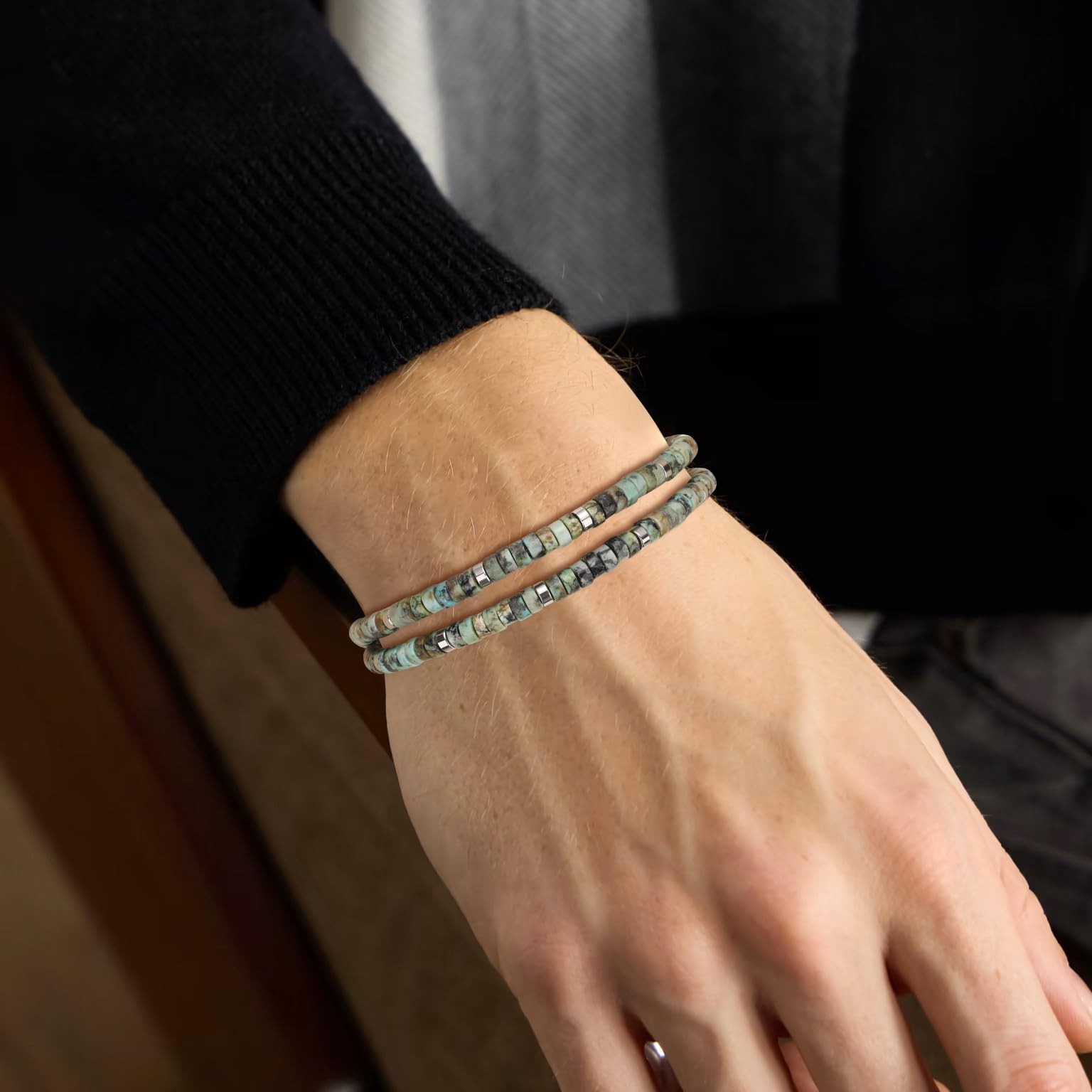 African Turquoise Bracelet for Men, Layered Beaded Gemstone Bracelet for Men L