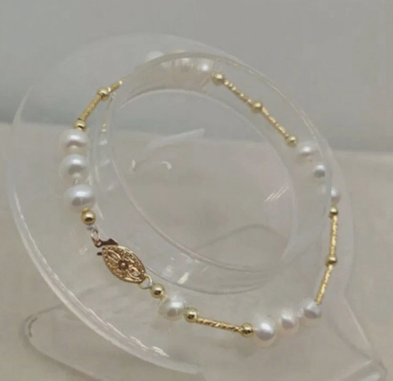 7-8mm AAA Akoya Real Natural White Pearl Bracelet 14k Gold 7.5-8″