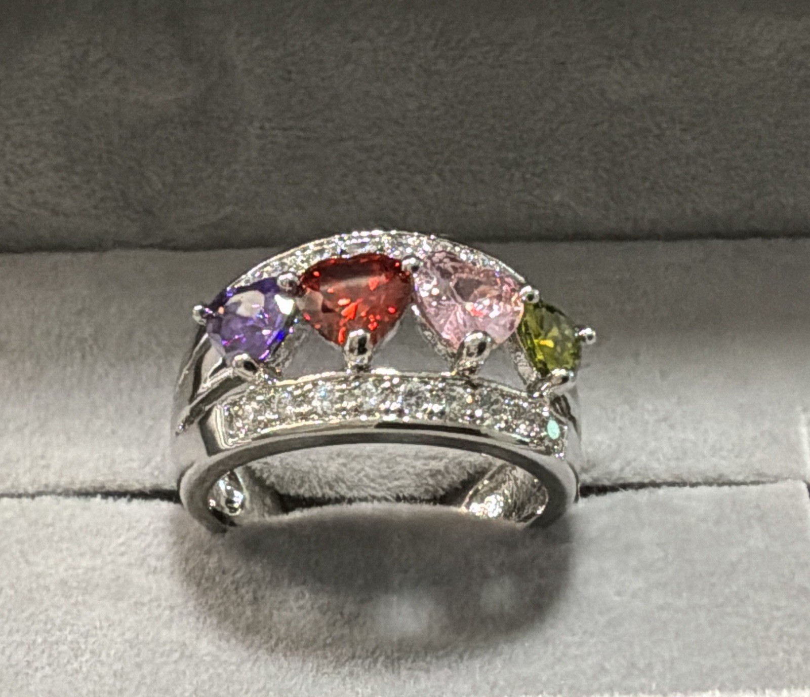 MULTI-STONE RING – HEART CUT STONES – 7mm Each.- .925 Sterling Silver!!!