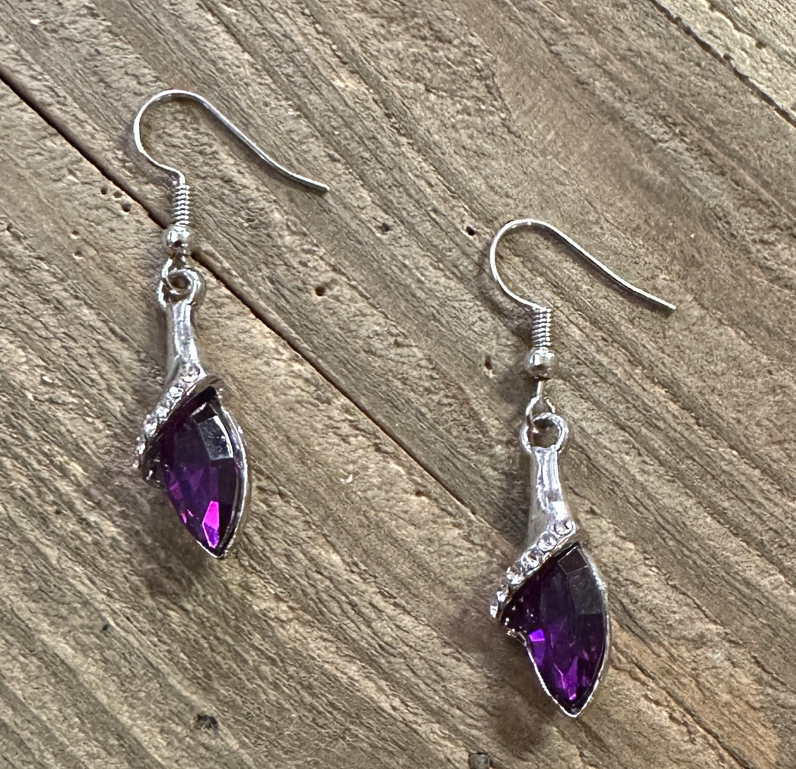 Faux Amethyst Teardrop Dangle Drop Earrings Silver Tone 1.5″