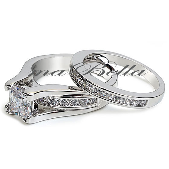 His Hers 3 Pcs Stainless Steel CZ Wedding Engagement Matching Ring Band Set