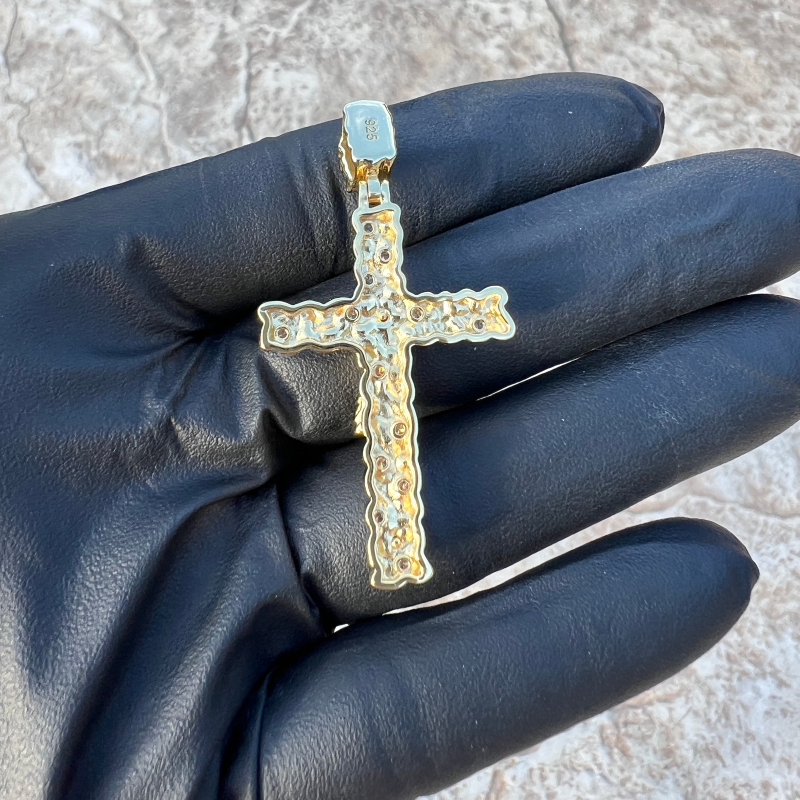 14K Gold Plated 925 Sterling Silver Nugget Jesus Crucifix Cross CZ Iced Pendant