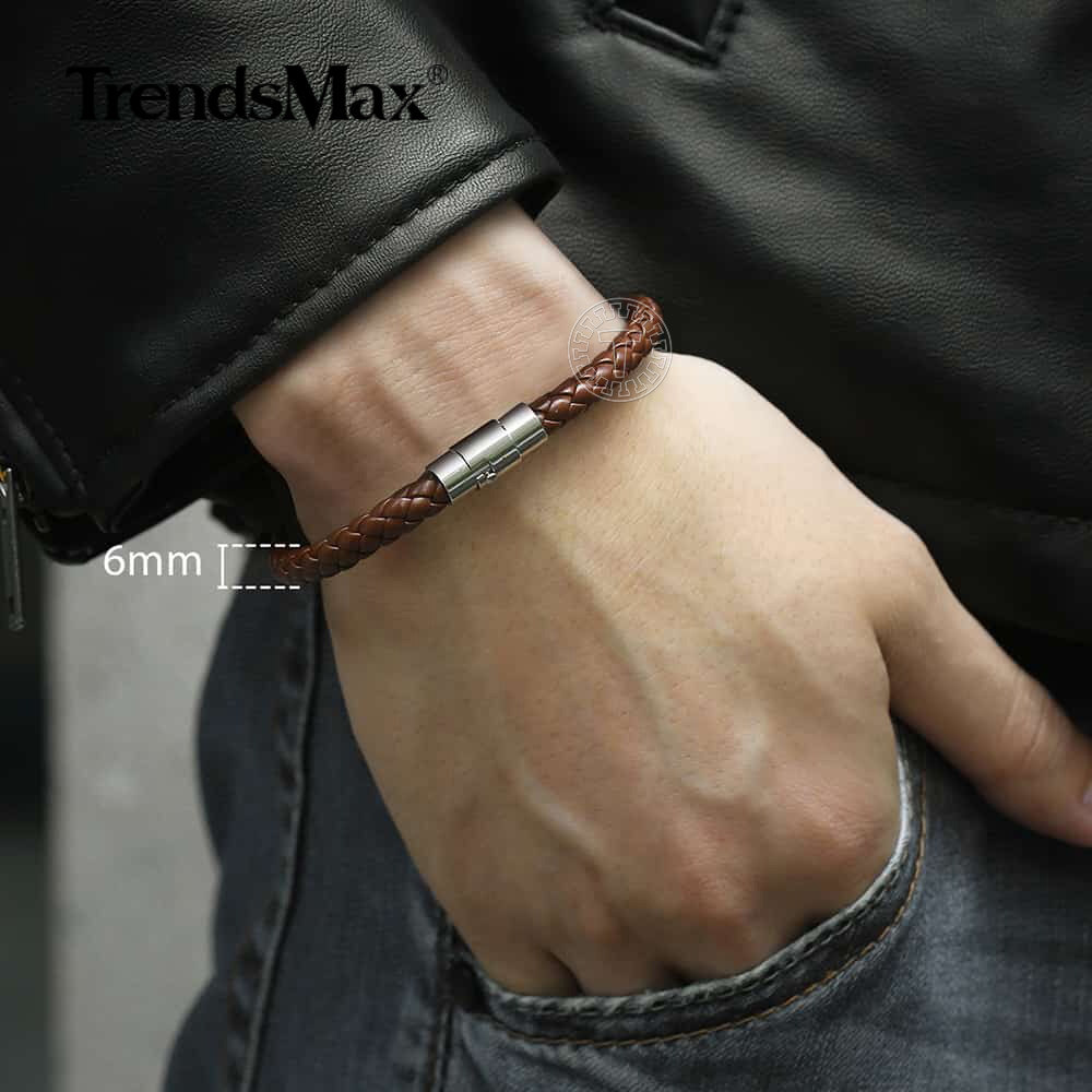 4/6/8mm Brown Black Braided Cord Rope Man-made Leather Bracelet Magnetic Clasp
